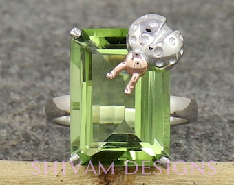 Green Amethyst Ring, Sterling Silver Ring, Lady Bug Ring, Anniversary Rings for Women, Wedding Ring, Animal Ring Ban, Gift For Her Ringd