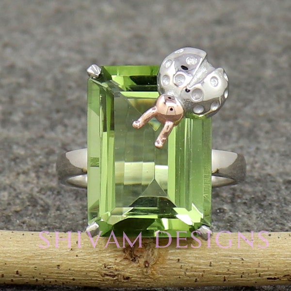 Bague améthyste verte, bague en argent sterling, bague coccinelle, bagues d'anniversaire pour femme, bague de mariage, interdiction de bague animal, cadeau pour elle