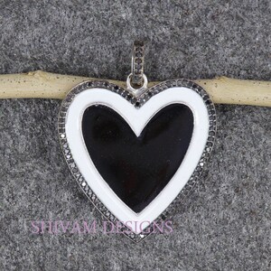 Genuine Diamond White Enamel Heart Pendant, Solid 925 Sterling Silver Love Pendant, Black Diamond Enamel Heart Pendant Necklace