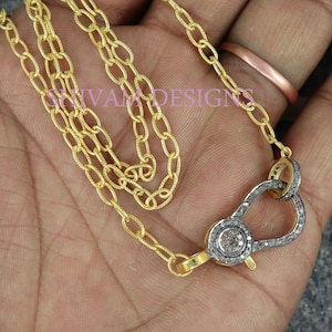 Pave Genuine Diamond Lobster Clasp Necklace, REAL Diamond Handmade Finding Connector Gold Plating Fine Silver Diamond Necklace Adjustable