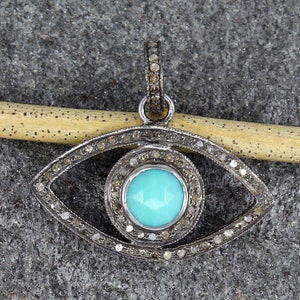 Turquoise Evil Eye Pendant, Pave Diamond Evil Eye Necklace, Solid 925 Sterling Silver Pendant, Vintage Silver Charm Necklace Wedding Gift