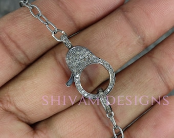 Genuine Diamond Pave Lobster Clasp Necklace, Oxidized Sterling Silver Connector Finding, Diamond Lock Clasps Necklace, 16-26 inch Adjustable