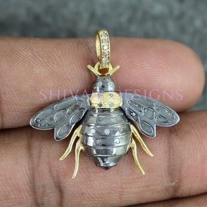 Breloque abeille en diamants, Breloque abeille en plaqué or, Pendentif breloque pavé de diamants véritables, Collier mouche diamants pavé, Pendentif abeille en argent sterling 925