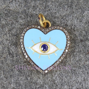 Evil Eye Pendant, Diamond Heart Pendant, Enamel Heart Pendant, Blue Sapphire Evil Eye Charm, Pave Enamel Pendant, Turquoise Enamel Pendant
