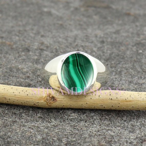 STERLING SILVER STUNNING MALACHITE ONYX SIGNET RING STYLE STATEMENT RING SIZE S