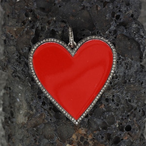 Diamond Enamel Heart Pendant, Pave Diamond Enamel Red Heart Pendant, Enamel Necklace, Real Diamond Heart Pendant Necklace , Gift For Her