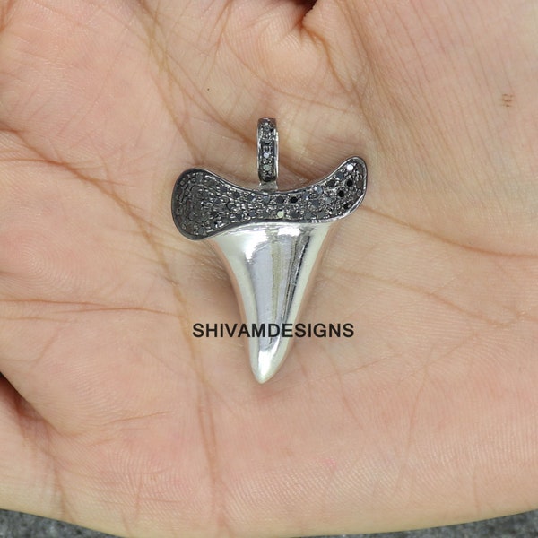 Pave Black Diamond Pendant, Shark Teeth Diamond Pendant, 925 Sterling Silver Jewelry, Pave Diamond Charm Pendant, Shark tooth Charm