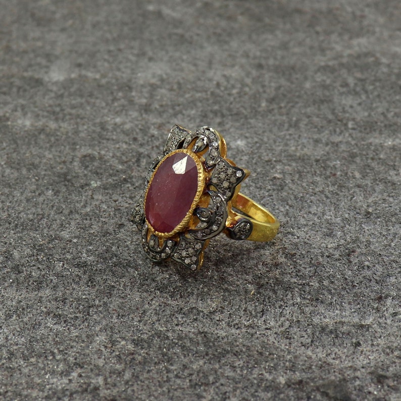 Gold Band Ring Vintage Statement Ring US 4 to 15 Antique Ruby Ring Ruby Birthstone Ring Sterling Silver Ring Genuine Pave Diamond Ring
