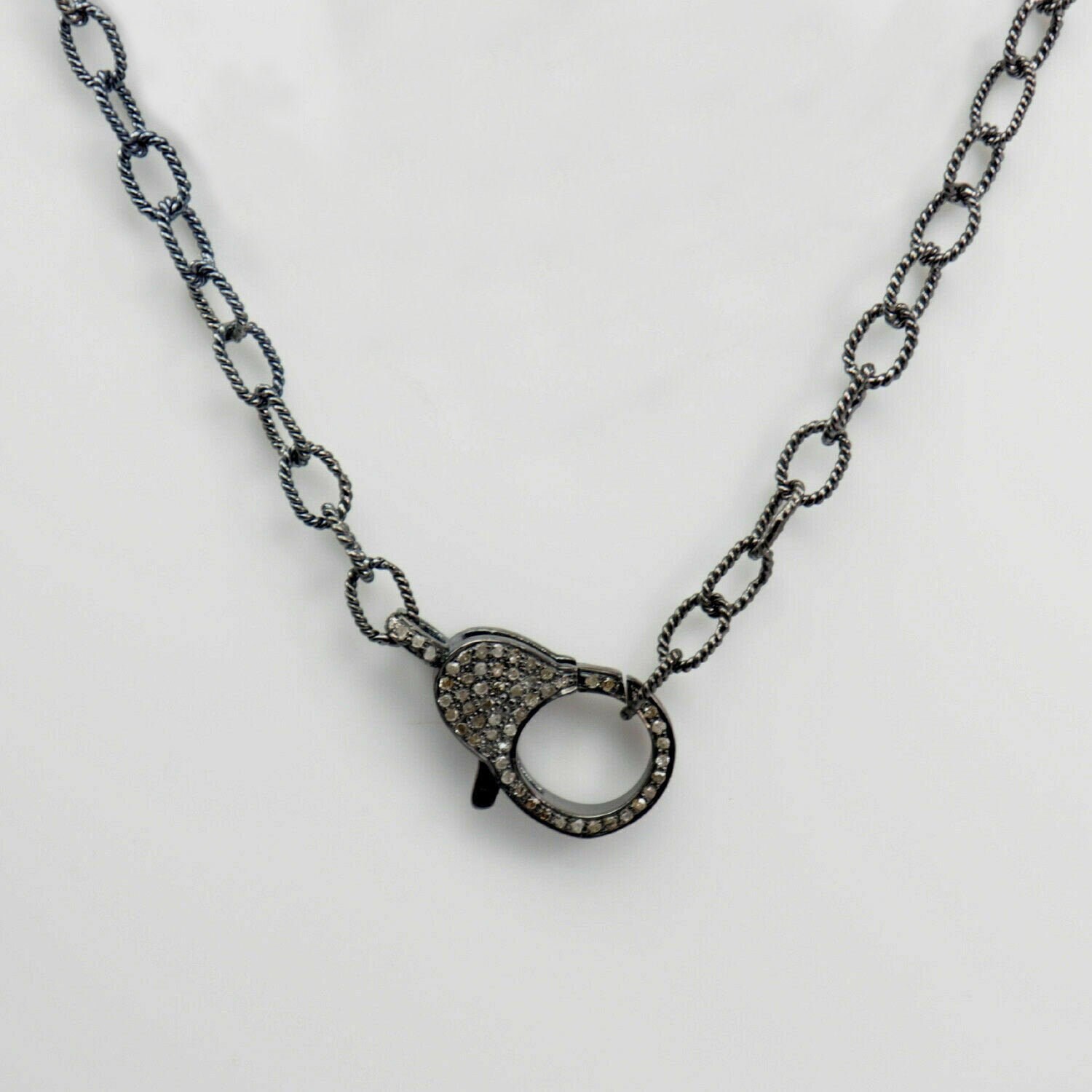 Genuine Diamond Pave Lobster Clasp Necklace Oxidized Sterling Etsy UK
