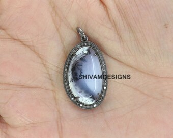 Diamond Pendant, Dendrite Opal Pendant, Dendrite Opal Charm Pendant, Pave Genuine Diamond Necklace, Solid 925 Silver Charm Pendant PN548