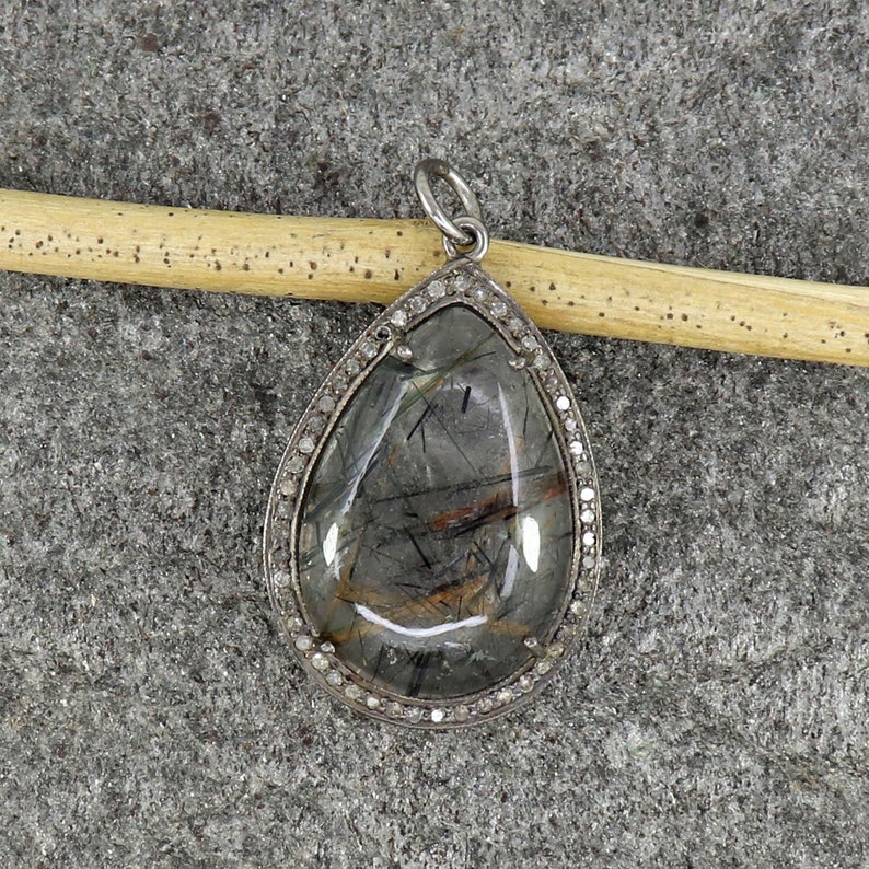 Oxidized Sterling Silver Pendant Necklace Charm Connector Pendant -PN518 Real Pave Diamond Necklace Natural Rutile Quzartz Pendant