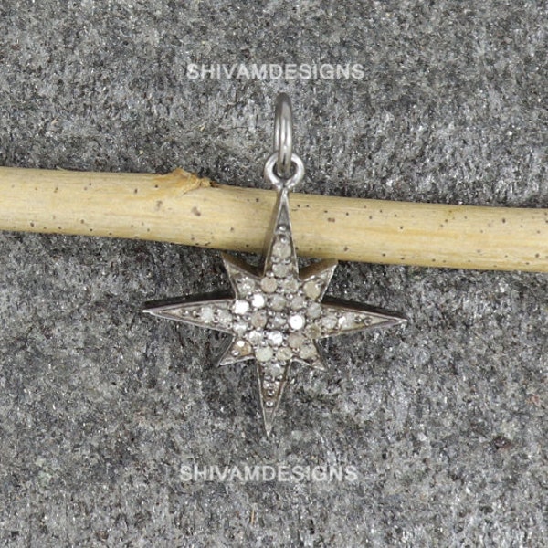 Colgante Pave Diamond Starburst, collar de encanto Diamond Starburst, encanto de estrella de diamante genuino pave, collar de plata de ley oxidada vintage