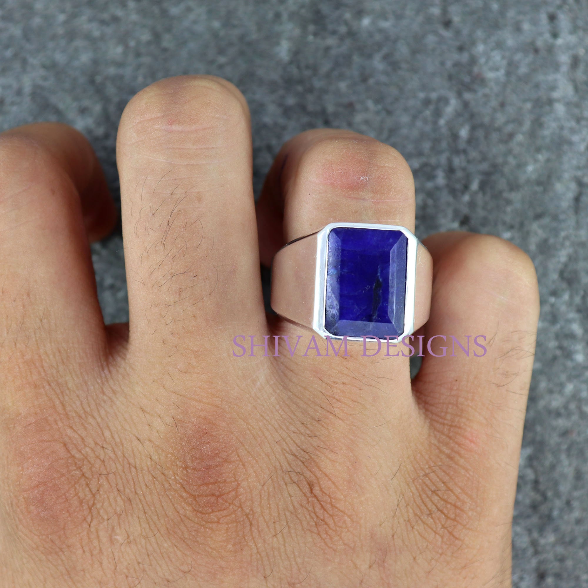 Mens Ring Blue Sapphire Ring Sterling Silver Ring Statement Etsy