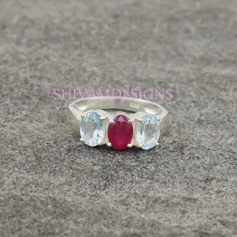 Ruby Silver Ring 3 to 15 Genuine Aquamarine Ring Three Stones Ring March Birthstone Ring July Birthstone Ring 925 Sterling Silver Ring