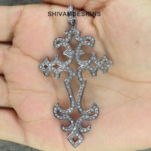 Pave Diamond Cross Pendant, Rose Cut Pave Diamond Cross Necklace, Solid Sterling Silver Pendant Charm Necklace, Religious  Pendant KV20