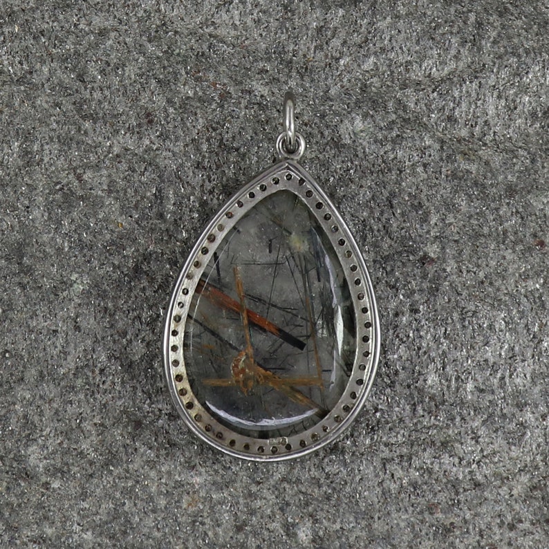 Oxidized Sterling Silver Pendant Necklace Charm Connector Pendant -PN518 Real Pave Diamond Necklace Natural Rutile Quzartz Pendant