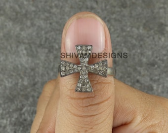 Pave Diamant Kreuz Ring, 925 Sterling Silber, Antiker Ehering, Größe 7