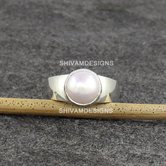 Made in New Zealand, large sterling silver white pearl ring