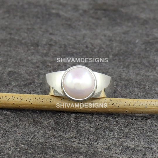 Solid Silver Pearl Ring Men 9 mm Round Pearl Band Mens Pearl Ring Men Heavy  Ring | eBay