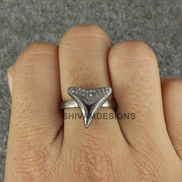 Diamond Ring, Genuine Pave Diamond Shark Teeth Ring, Solid 925 Sterling Silver Ring, Shark Tooth Wedding Ring, Rings for Women Size-7 DD28