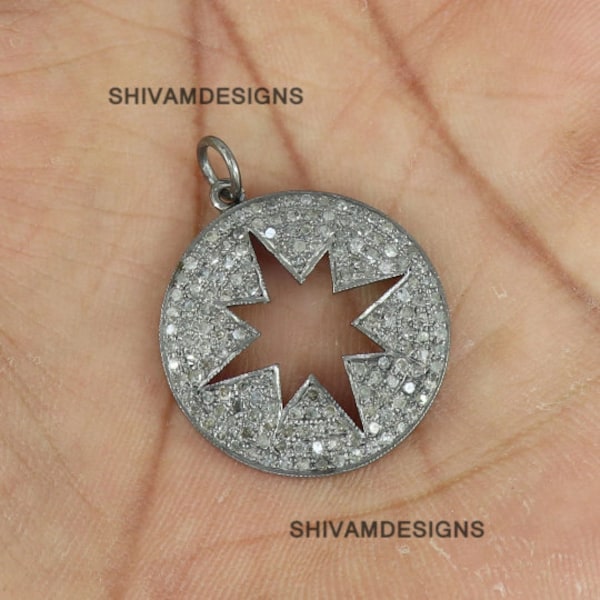 Pave Genuine Diamond Star Pendant, Diamond Charm Necklace, 925 Sterling Silver Pendant, Starburst Pendant , Vintage Jewelry , Gift for Her