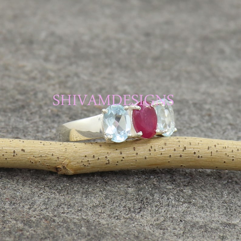 Ruby Silver Ring 3 to 15 Genuine Aquamarine Ring Three Stones Ring March Birthstone Ring July Birthstone Ring 925 Sterling Silver Ring