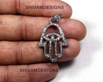 Pave Diamond Pendant, Hamsa Designer Diamond Necklace, Pave Diamond Charm, 925 Sterling Silver Pendant, Hamsa Necklace , Handmade Jewelry