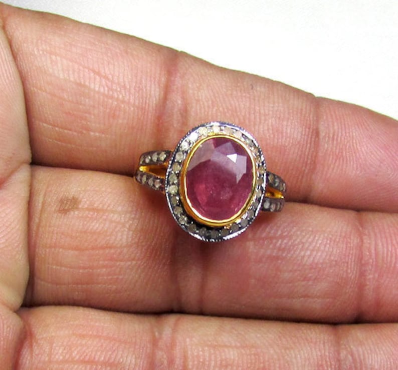 Red Ruby Gemstone Diamond Ring Size 4 to 13 Anniversary Promise Ring Pave Diamond Gemstone Ring Yellow Gold Plated over Silver Ring
