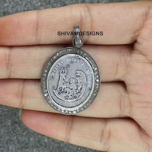 Colgante de diamantes de moneda de San Roberto, colgante de diamantes de pavé de monedas de diamantes, joyería de monedas religiosas, collar de diamantes de pavé, collar de monedas vintage KV10
