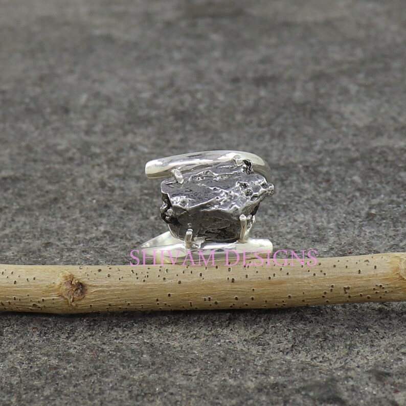 DHRUVIK CREATION Authentic Raw Meteorite Ring - 925 Sterling Silver Men's Rough Stone Ring
