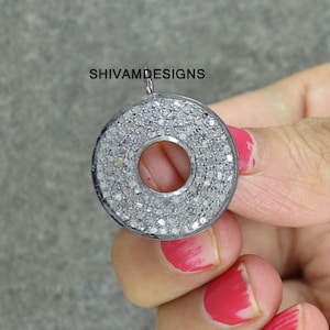 Pave Diamond Disc, Genuine Diamond  Charm Pendant, Diamond Round Disc, Solid 925 Sterling Silver , Finding Charm Necklace, Vintage Jewelry