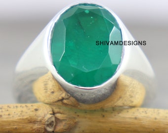 Emerald Signet Ring, 925 Sterling Solid Silver Ring, Birthstone Mens Wedding Ring, Man Thumb Pinky Ring, Men Heavy Ring,Wedding Gift Ring