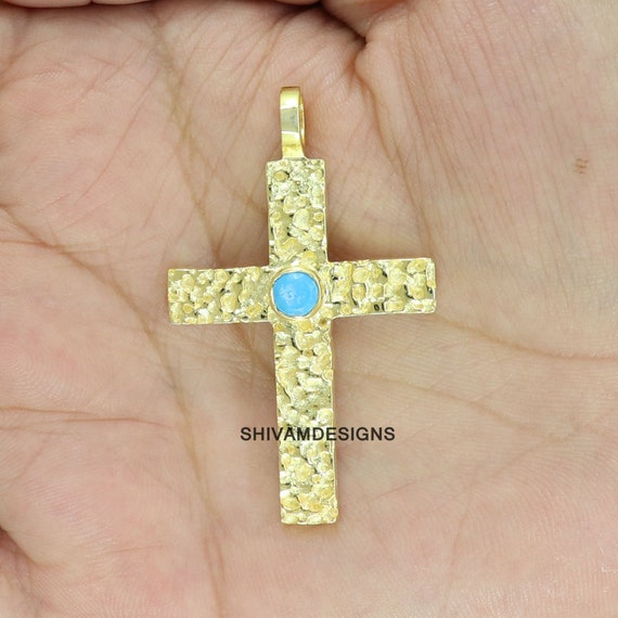 Pendentif Croix Ancien En Argent Sterling 925 - Serti De 5 Pierres Péridots Naturels, Fabriqué En Inde