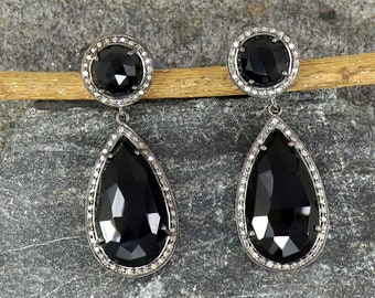 Rose Cut Black Onyx Earrings, 925 Silver Earrings, Engagement Party Post Earrings, Genuine Pave Diamond Earrings, Vintage Stud Earrings