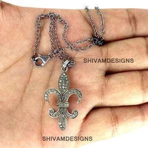 Collar de diamantes, encanto de brillo de diamante Fleur De Lis, colgante Pave Arrow Fleur De Lis, regalo de boda, colgante de plata 925, joyería de boda