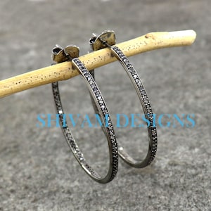 Diamond Hoop Earrings, Genuine Pave Black Diamond Earrings, Sterling Silver Anniversary Gift Vintage Post Earrings, Stud Earrings O51