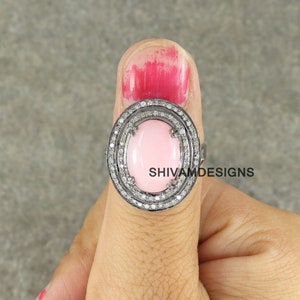 Anillo de ópalo rosa natural, anillo de diamantes pavé genuinos, anillo de plata de ley 925, anillo de regalo de aniversario, anillo de diamantes rellenos de oro, anillo de compromiso
