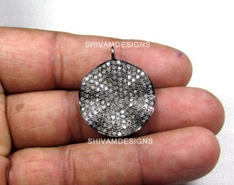 Pave Diamond pendant, Pave Diamond Disc Pendant, Diamond Covered Round Disc Pendant, 925 Sterling Silver Wavy Charm Pendant, 24mm Round Disc