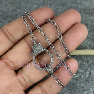 Genuine Pave Diamond Lobster Clasp Necklace, Oxidized Silver Carabiner Lock Necklace, Pave Diamond Lobster Clasp Vintage Adjustable Necklace