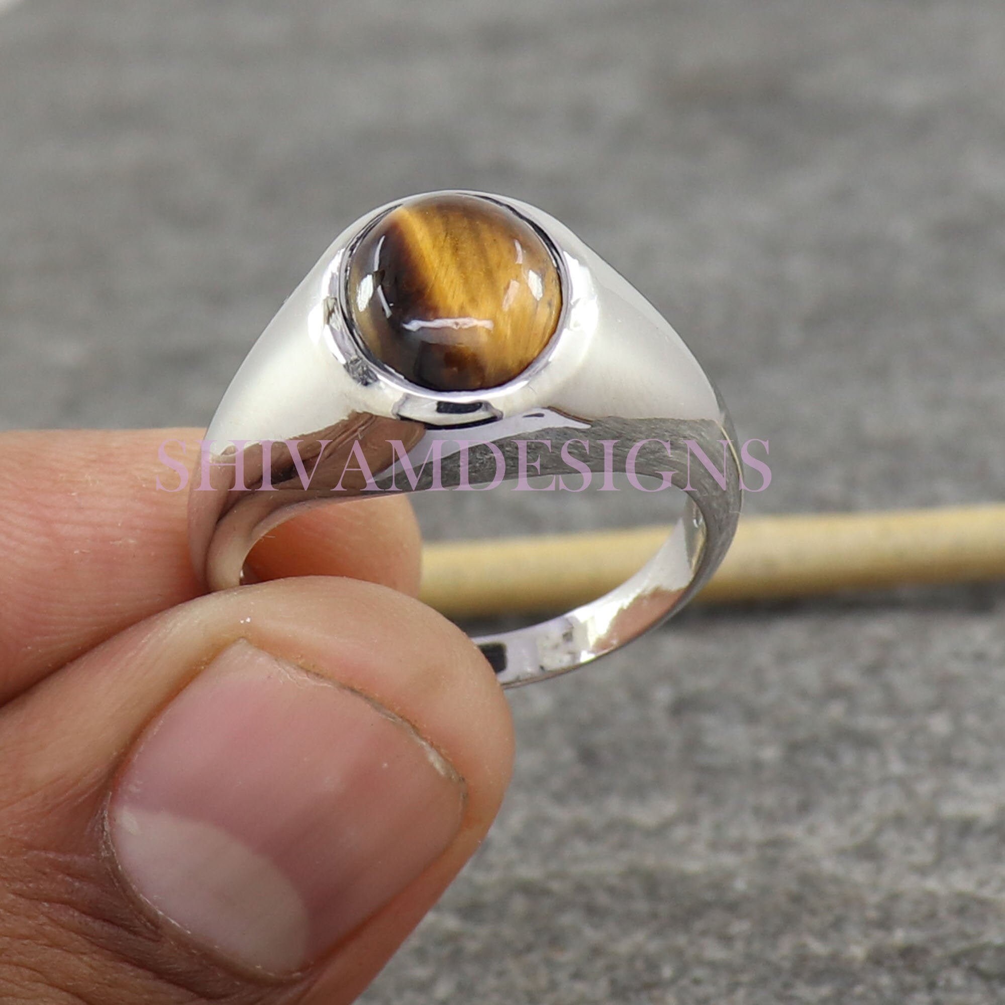 Men's Bold Sterling Silver Ring With 4.5 CT Natural Tiger Eye Gemstone - Handmade, Customizable