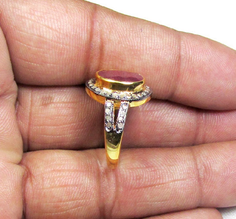 Red Ruby Gemstone Diamond Ring Size 4 to 13 Anniversary Promise Ring Pave Diamond Gemstone Ring Yellow Gold Plated over Silver Ring