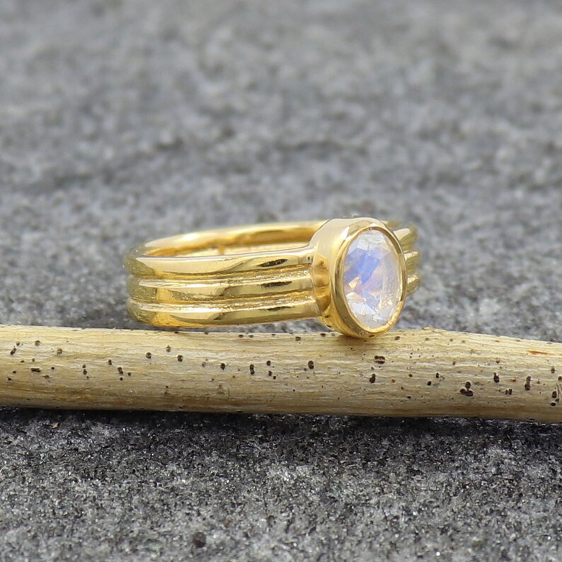 Gift Ring 18K Yellow Gold Plated Sterling Silver Rainbow Moonstone Birthstone Ring Wedding Ring Size 4 to 15 Mother/'s Day Gift Ring