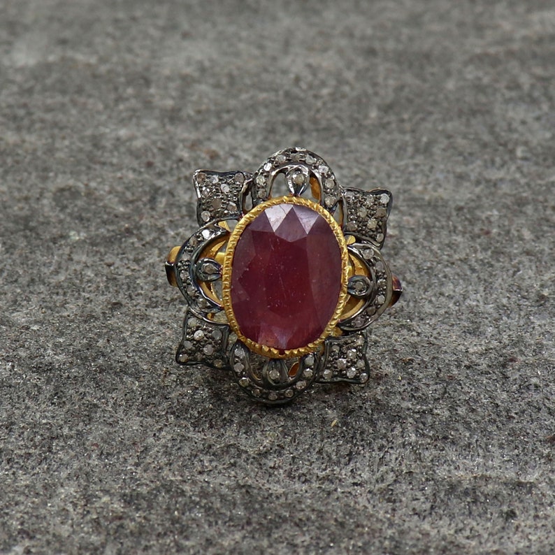 Gold Band Ring Vintage Statement Ring US 4 to 15 Antique Ruby Ring Ruby Birthstone Ring Sterling Silver Ring Genuine Pave Diamond Ring