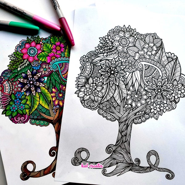 Tree of Life | floral design colouring for adult | Hand-drawn Coloring Page | Zen-art|  Printable - digital file