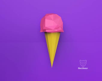 Puede incluir: Un cono de helado de origami rosa y amarillo. El helado es una forma geométrica y el cono es una forma simple y puntiaguda.