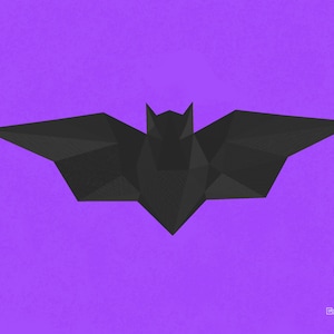 Peut inclure: Une silhouette de chauve-souris géométrique noire sur un fond violet.