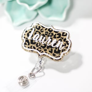 Cheetah print Name badge reel - glitter custom name reel - personalized - medical ID card holder - bracket - nurse key card - leopard print
