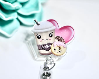 Coffee and Donuts Badge Reel: Glitter Acrylic ID Holder