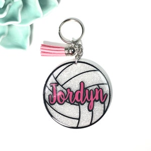 Volleyball keychain - glitter - personalized - volleyball team gift - bag tag - sports key ring - name and jersey number - preppy -