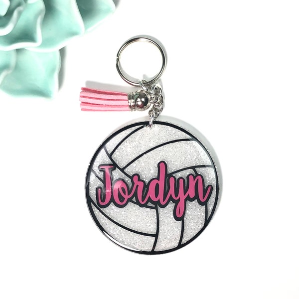 Volleyball keychain - glitter - personalized - volleyball team gift - bag tag - sports key ring - name and jersey number - preppy -